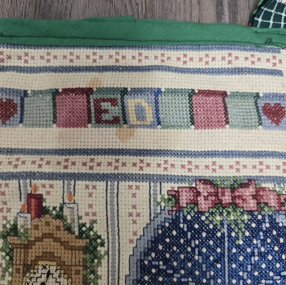 Handmade Crossstitch Christmas Stocking Vintage Cabincore Farmhouse Primitive